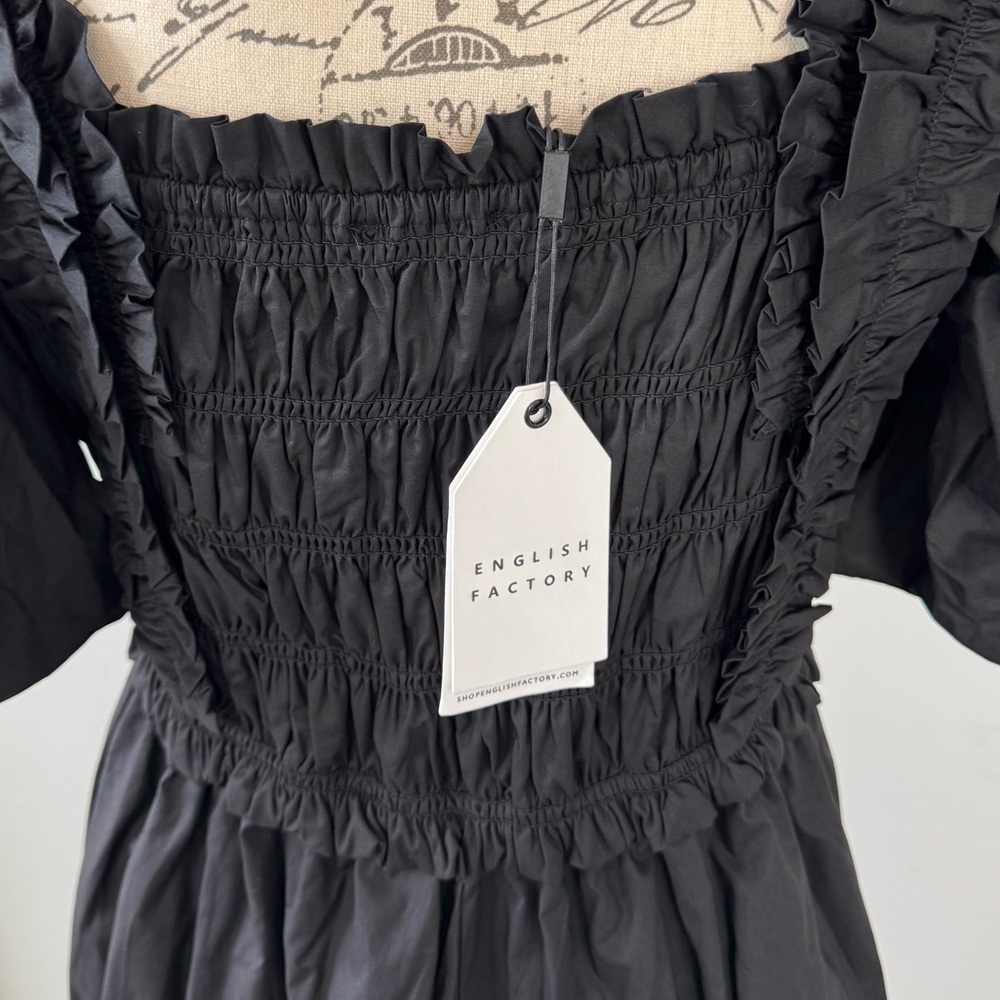 NWT English Factory Puff Sleeve Square Neck Smocked Midi Dress Black Size L - Picture 9 of 15